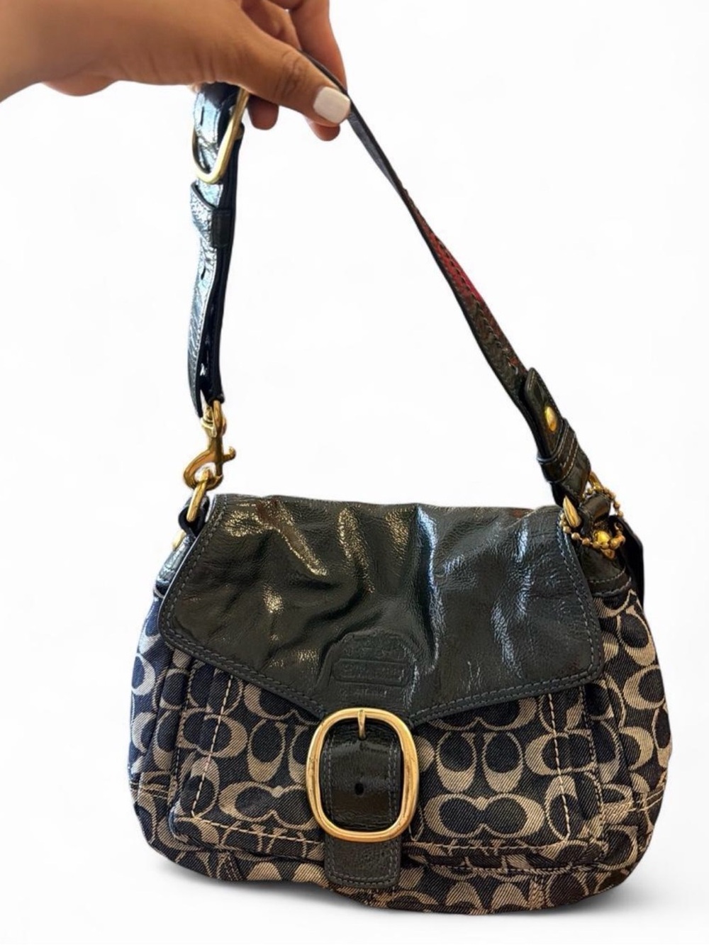 Coach Black Signature Canvas Shoulder Bag with Gold Buckle